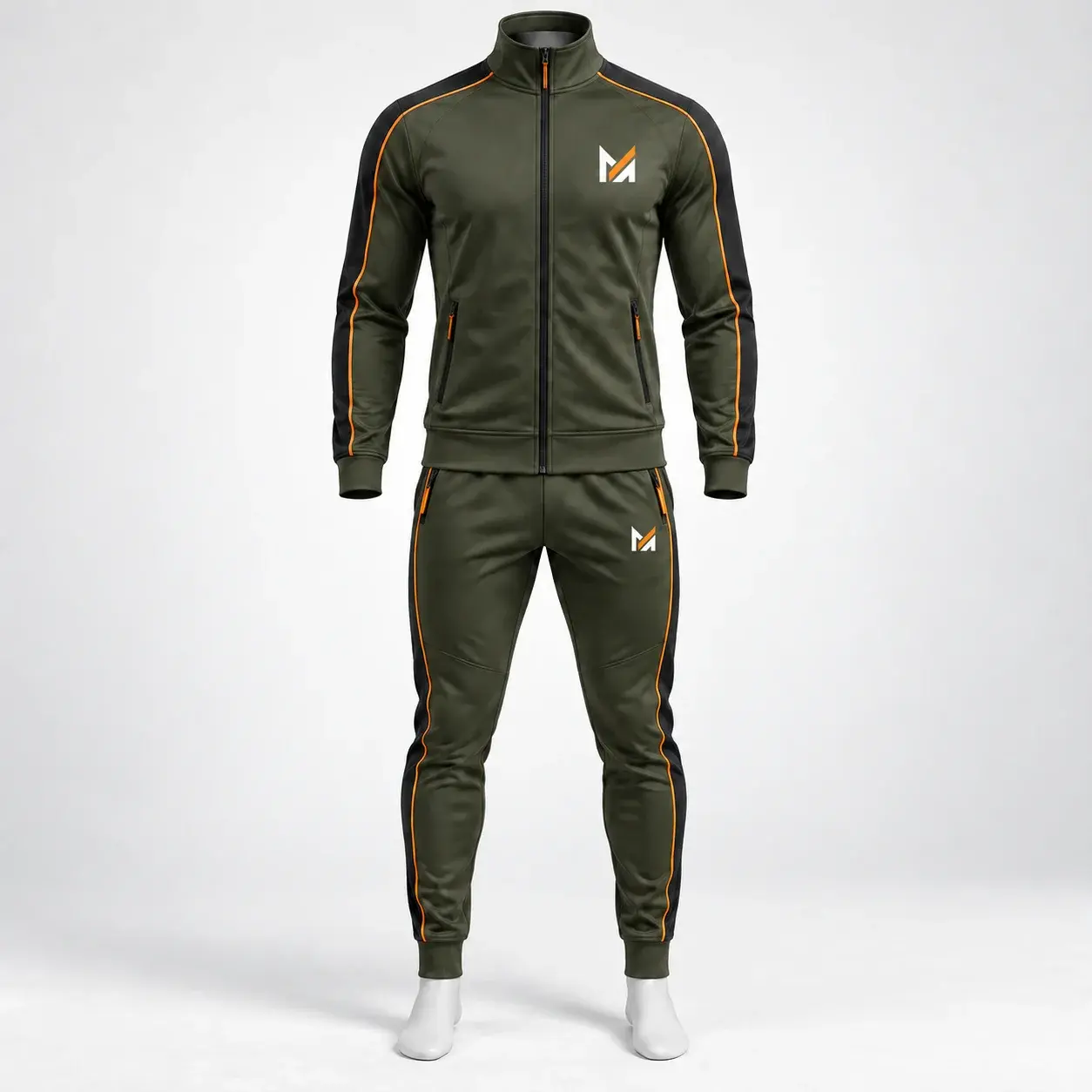 Olive green slim-fit tracksuit with black side panels, orange piping, tapered jogger pants, and Mega Apparel logos on the jacket and pants.